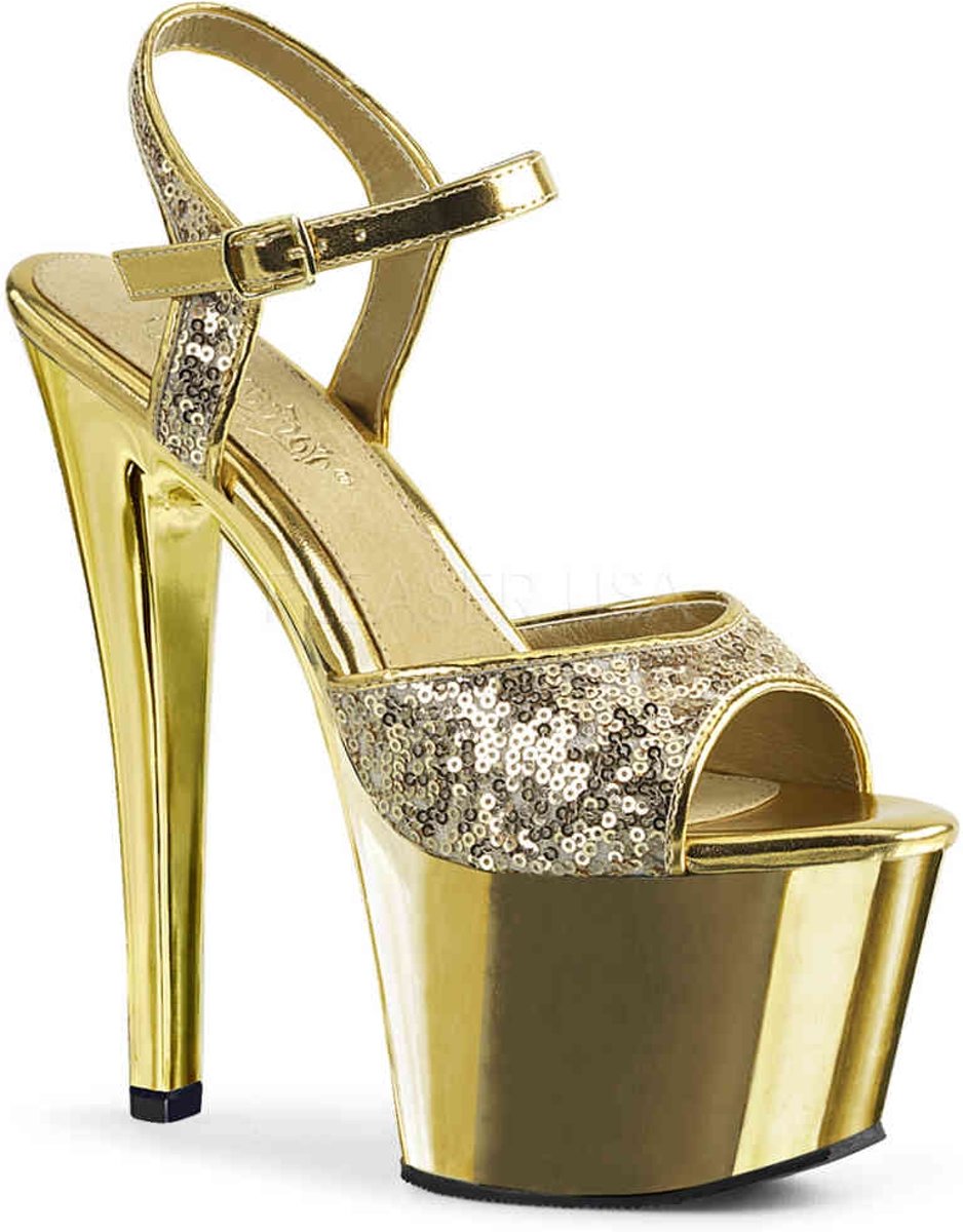 EU 37 = US 7 | SKY-310SQ | 7 Heel, 2 3/4 Chrome PF Ankle Strap Sandal